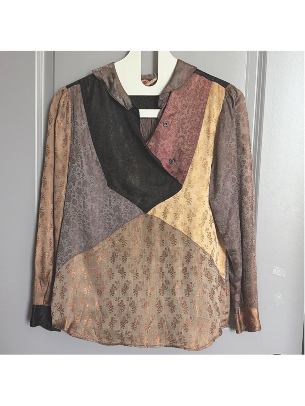 Viva Imports Inc Patchwork Blouse Brown Black Women's Medium 100% Rayon